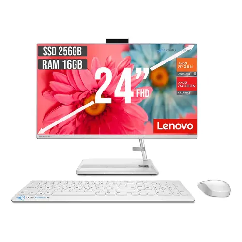 TODO EN UNO LENOVO 3 24ALC6 – AMD RYZEN 5 7430U – 16GB DDR4 – 512GB SSD – PANTALLA 23,8″ FHD – NO DVD – HDMI – RJ45 – FREEDOS – BLANCO – F0G1014BLD