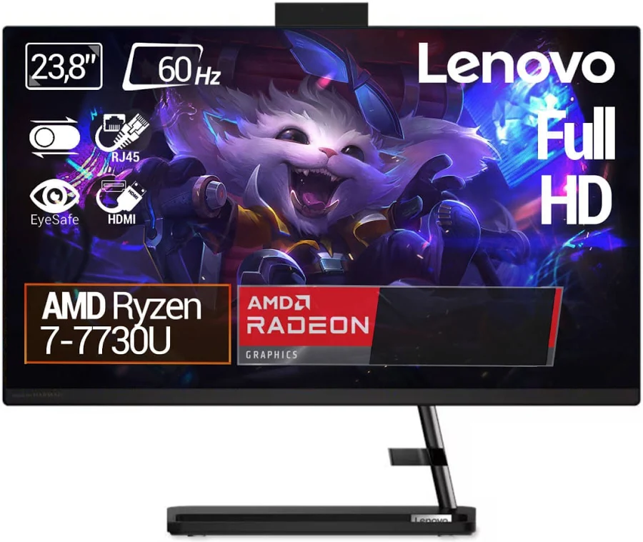 TODO EN UNO LENOVO 3 24ALC6 - AMD RYZEN 7 7730U - 8GB DDR4 - 512GB SSD - PANTALLA 23,8" FHD - NO DVD - HDMI - RJ45 - FREEDOS - NEGRO - F0G1010KLD
